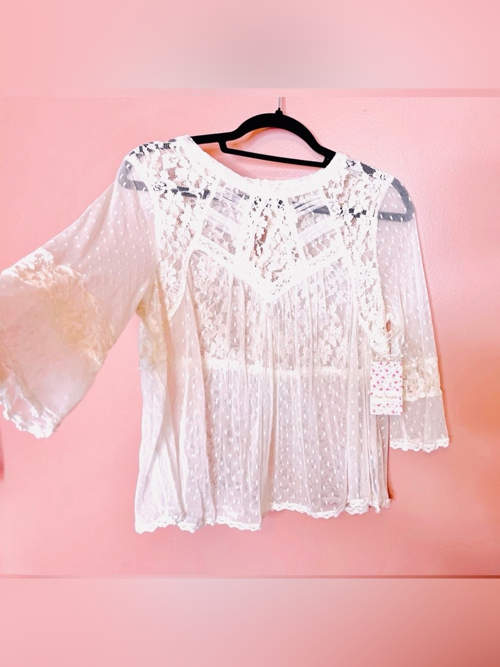 Free People Ivory Lace Mesh Boho Top Bell Sleeve Large NWT